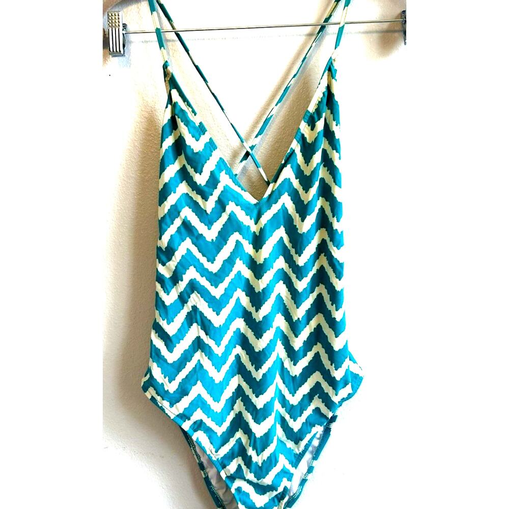 Milly Cabana Swimsuit M Retro Print Green Stripe One Piece Low Cut Sexy $295
